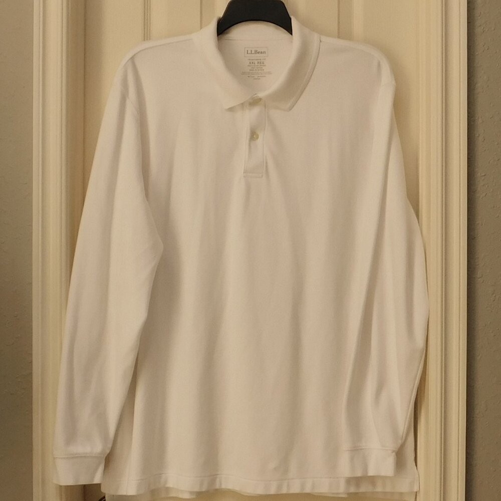 L.L. BEAN Traditional Fit Polo Long Sleeve White 100% Cotton Mens XXL Reg.